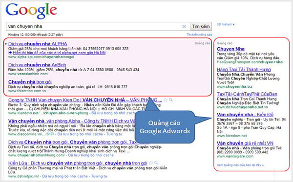 Vị trí quảng cáo Google Adwords